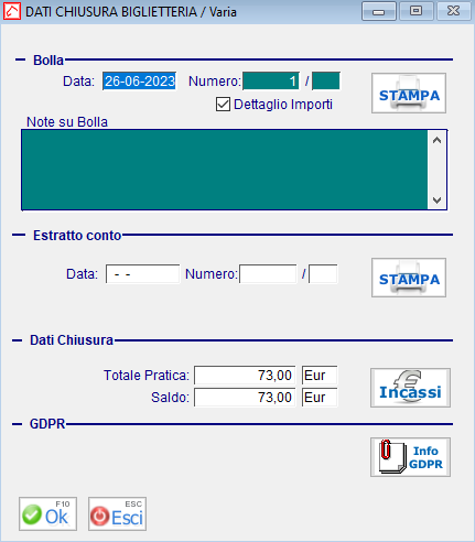 Dati Chiusura Biglietteria