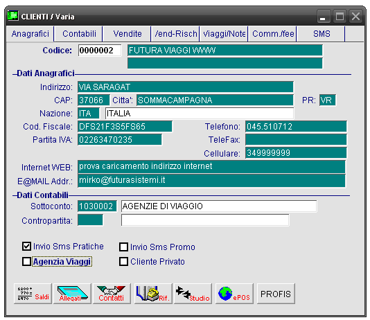 Clienti Anagrafica > Invio SMS